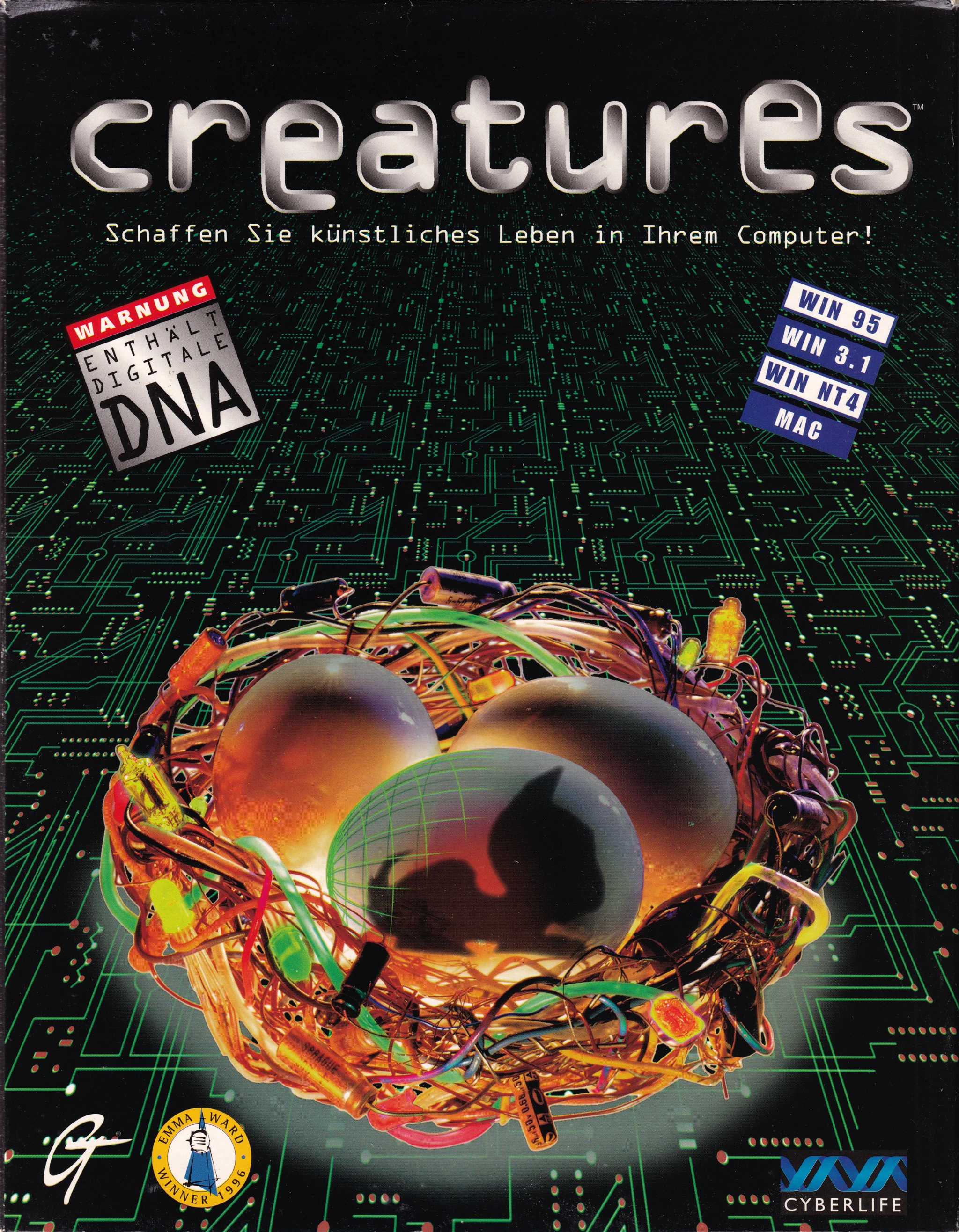 Hi-res scan of the front cover artwork of Creatures (1996, PC, DE); developed by , published by ; Hi-res 3D box available at https://bigboxcollection.com