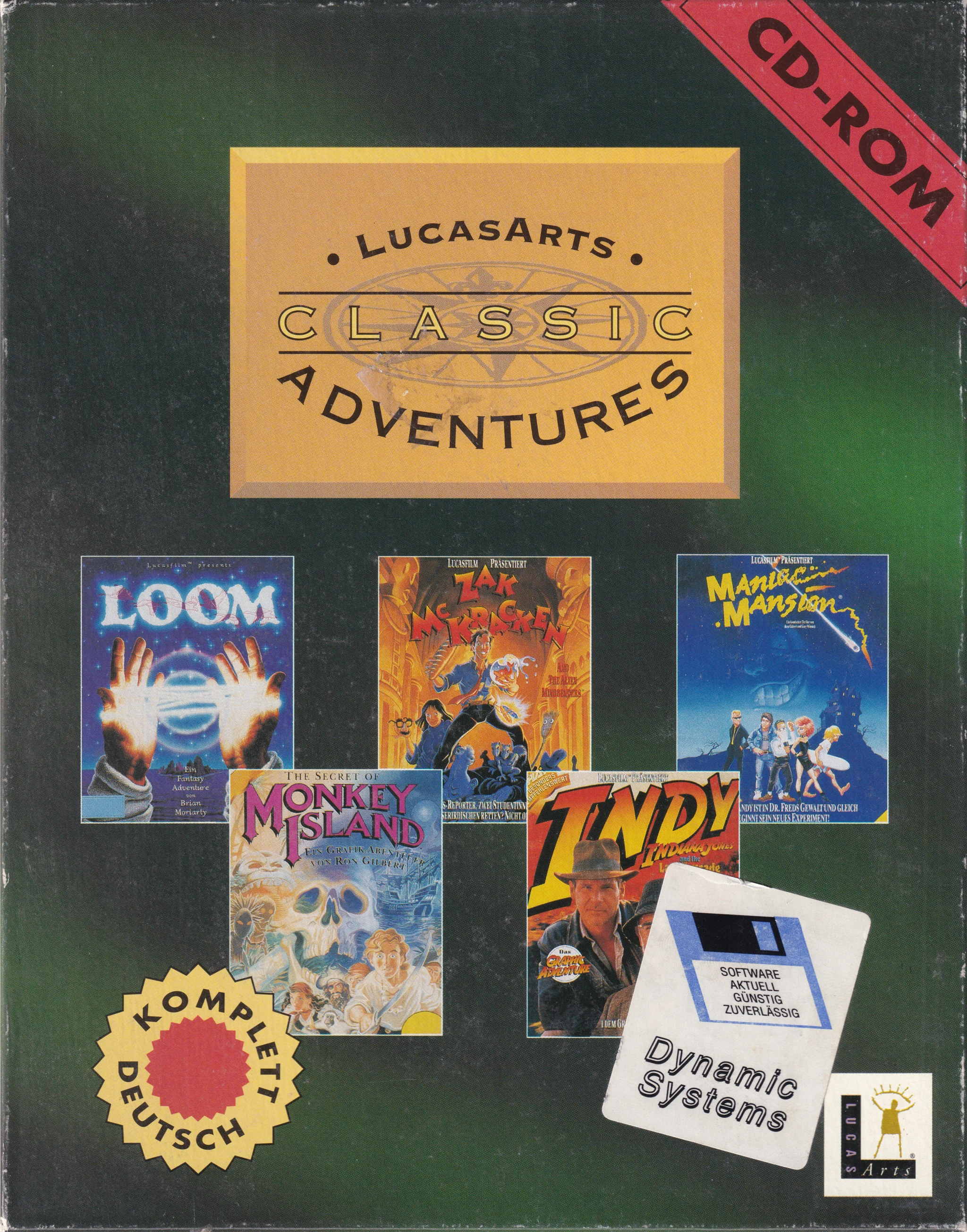 Hi-res scan of the front cover artwork of LucsArts Classic Adventures (1993, PC, DE); developed by , published by ; Hi-res 3D box available at https://bigboxcollection.com