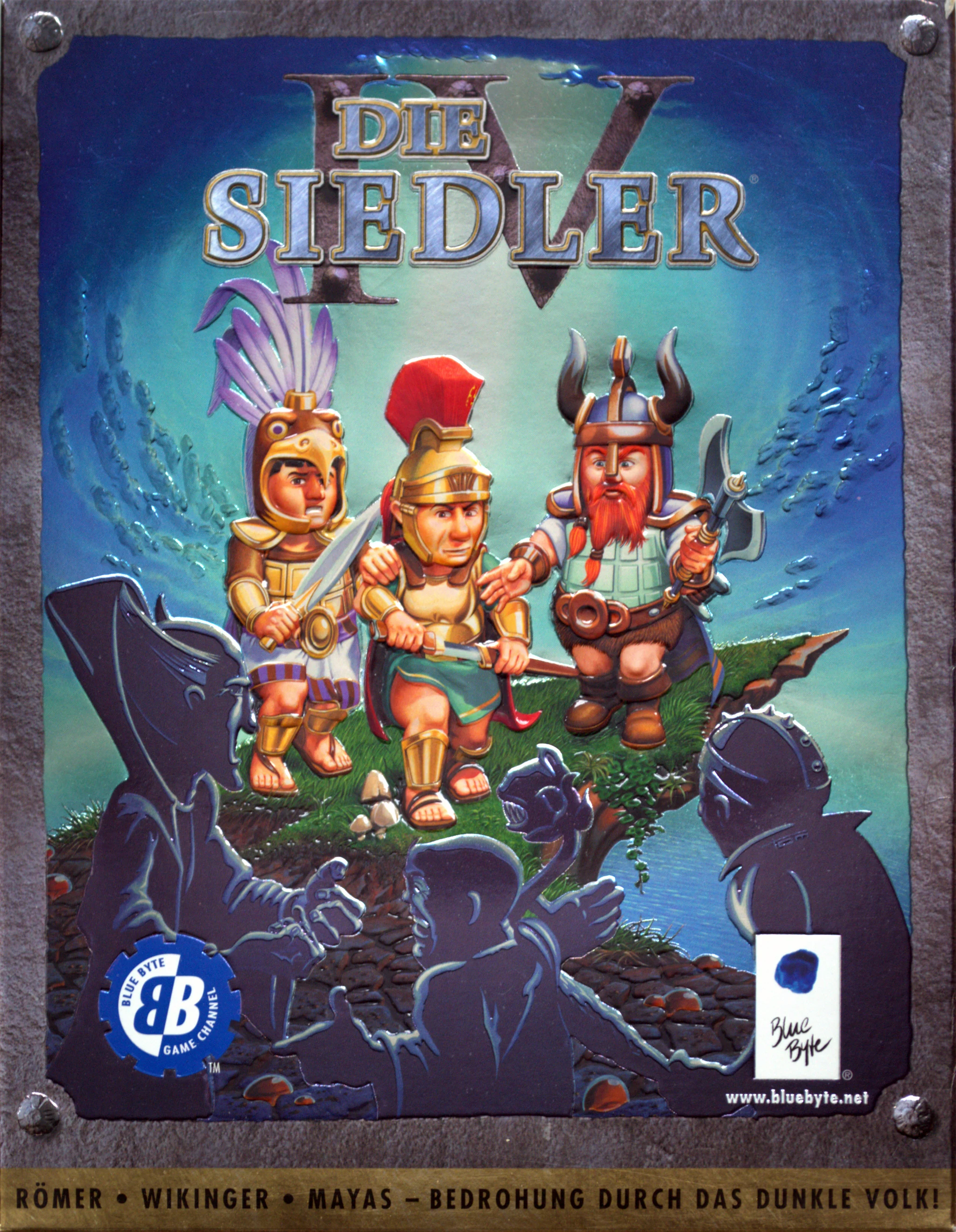 Hi-res scan of the front cover artwork of The Settlers IV (2001, PC, DE); developed by , published by ; Hi-res 3D box available at https://bigboxcollection.com