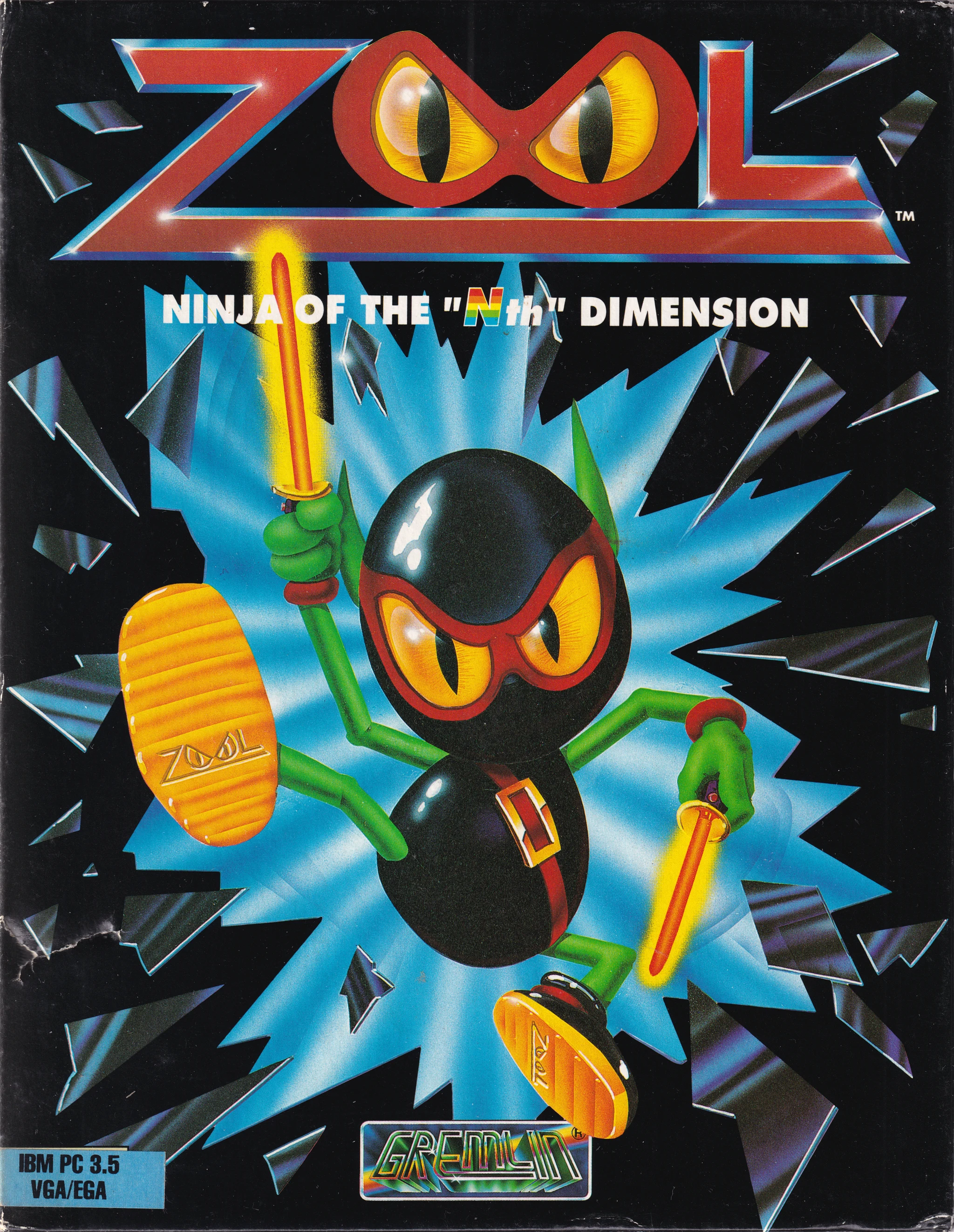 Hi-res scan of the front cover artwork of Zool (1993, PC, EU); developed by , published by ; Hi-res 3D box available at https://bigboxcollection.com